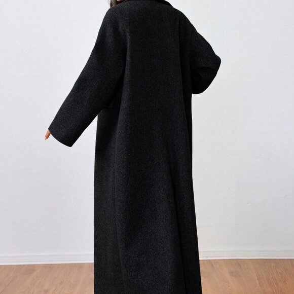 Black Casual Women's Collared Long Overcoat - Picture 3 of 6